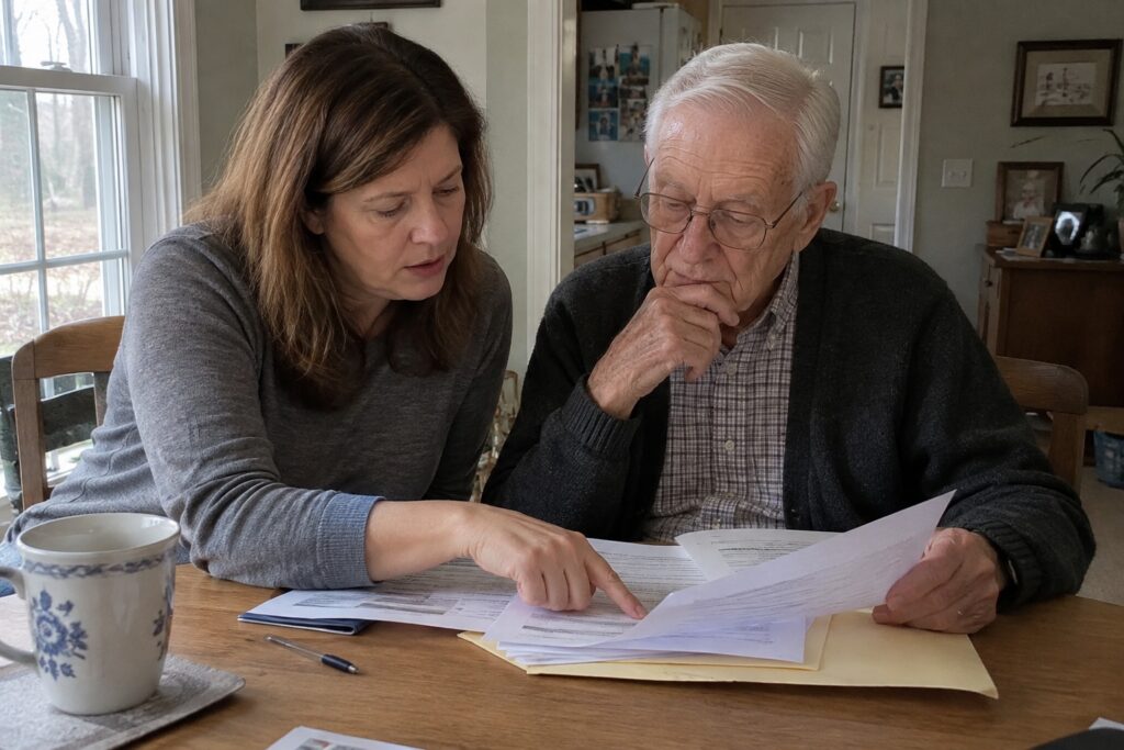 adult daughter with her dad reviewing paperwork