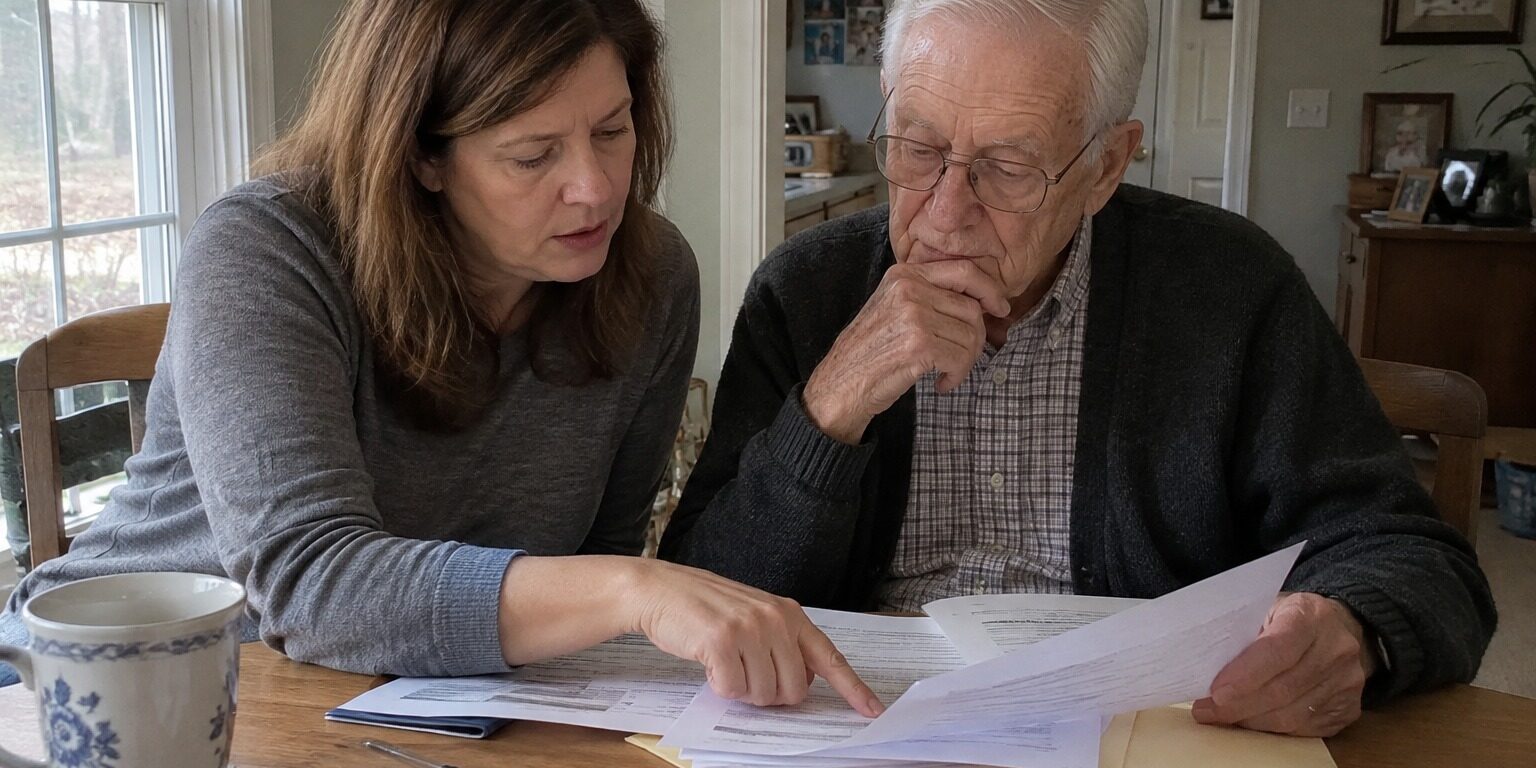 adult daughter with her dad reviewing paperwork